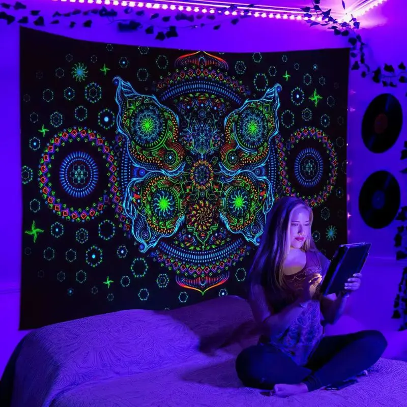 VIKAMA Black Light Dazzling Winged Insect Mandala Blossoms UV Active Tapestry Bohemian Wall Decor Accent Soft Durable Cozy Gift