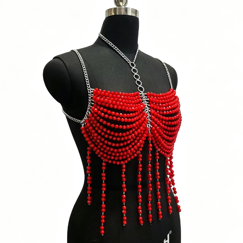Handmade Music Festival Body Chain Outfit Female Bikini Jewelry Cover Up Sexy Crystal Bra Top Red Beaded Bralette Top