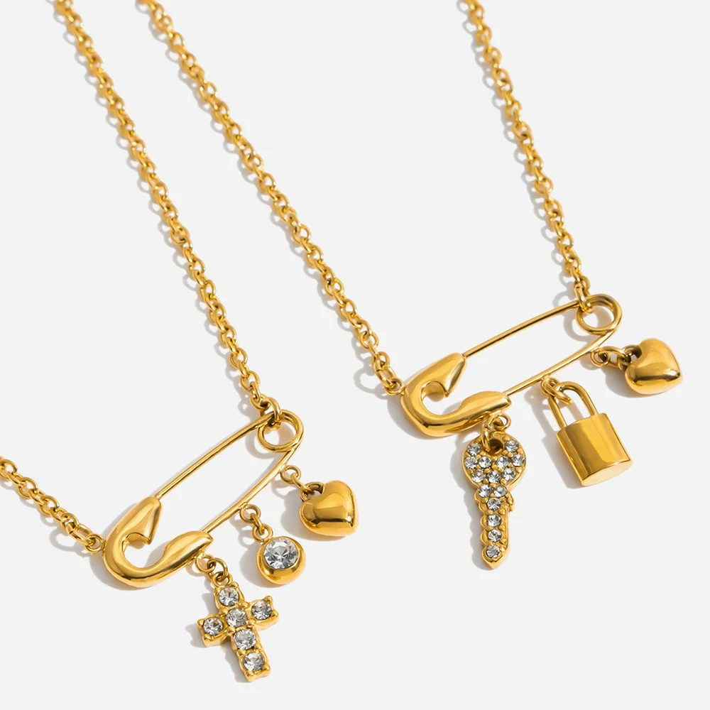 Waterproof 18K Gold PVD Plated Stainless Steel Safety Pin Necklace Heart Lock Key Cross Charms Punk Vintage Layered Chain Jewel