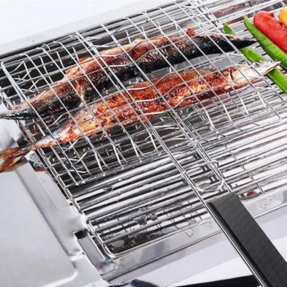 Folding Grill Net Stainless Steel Folding Grilling Net Rectangle Heat Resistant Camping BBQ Griddle Mesh Plate Tray Barbecue