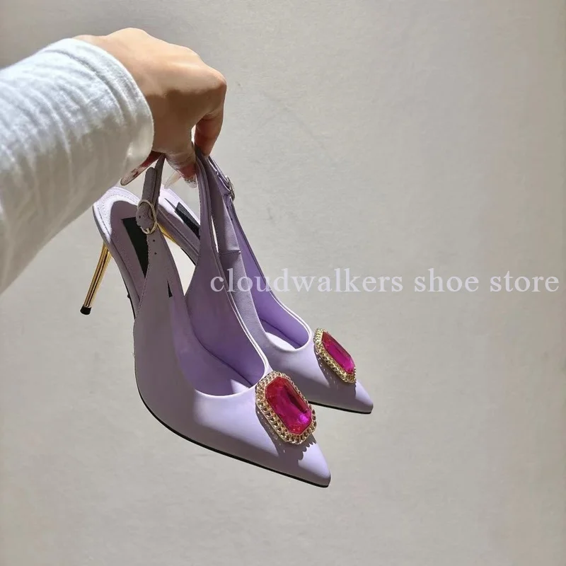 Gold Matte Leather Match Large Purple Diamond Glamorous High Heels Elegant Point Toe Metal Heel Ankle Strap Banquet Dress Pumps