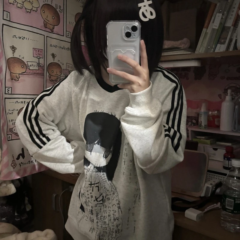 2025 Spring And Autumn Ladies Long Sleeves Y2k Top Original Two Dimension Cute Loose Stripe Sweatshirts Versatile Pullovers Girl