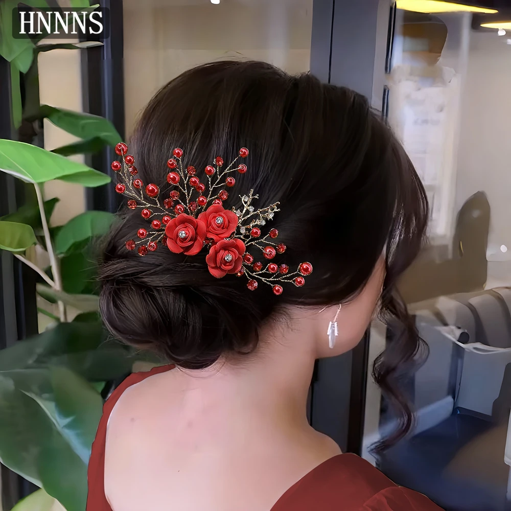 

HNNNS Antique Pearls Alloy Hair Comb Red Rose Elegant Combs Glamour Romantic Headdress Banquet Party Ball Hair Accessories A367