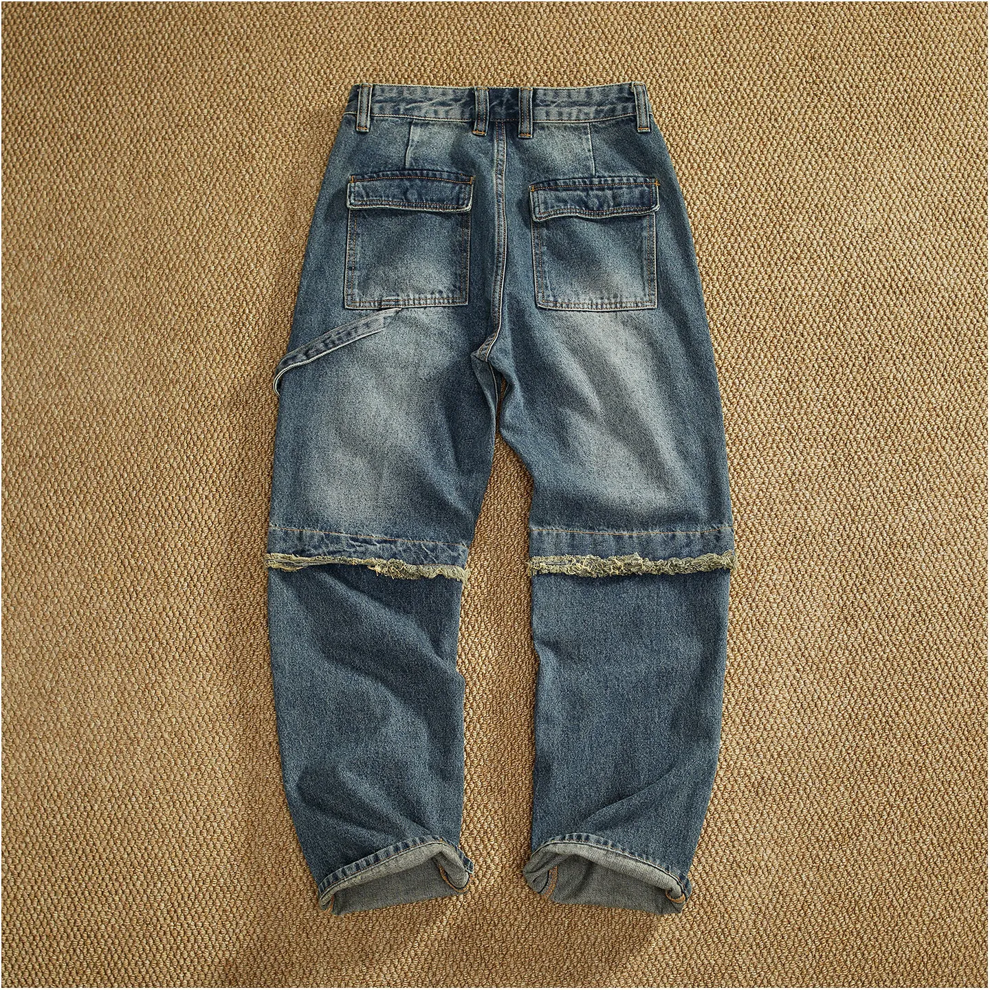 Retro workwear patchwork jeans, multi-pocket heavyweight, thick straight-leg micro-taper trousers