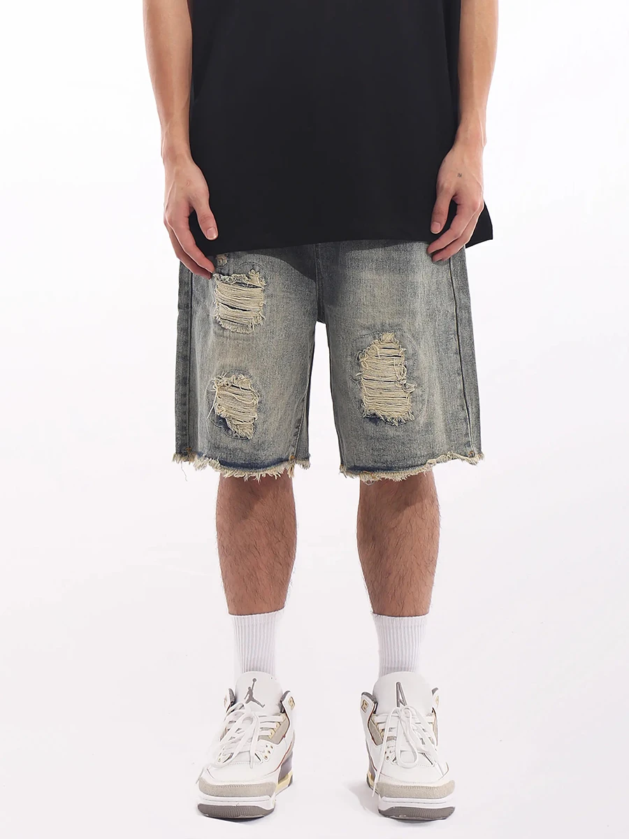 REDDACHiC Y2k Retro Whiskers Frayed Denim Shorts for Men Blue Wash Ripped Wide Leg Pants Casual Baggy Jeans Jorts Summer Clothes