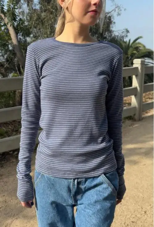 Y2k Top Tees T-shirt Gotica E-girl Emo Abbigliamento Vintage anni 2000 Estetica Manica lunga T-shirt a righe Crop Top Streetwear