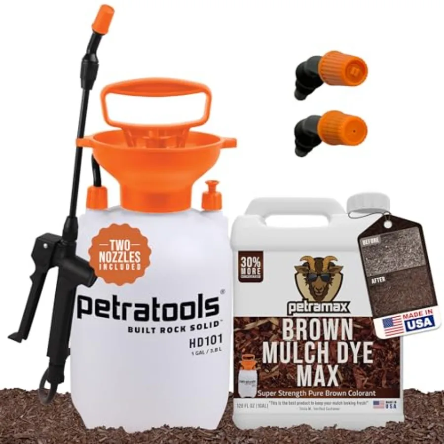 

Насосный опрыскиватель на 1 галлон и набор красителя для мульчи PETRAMAX Brown – комплексное решение для ландшафтного дизайна, восстанавливающее цвет мульчи и