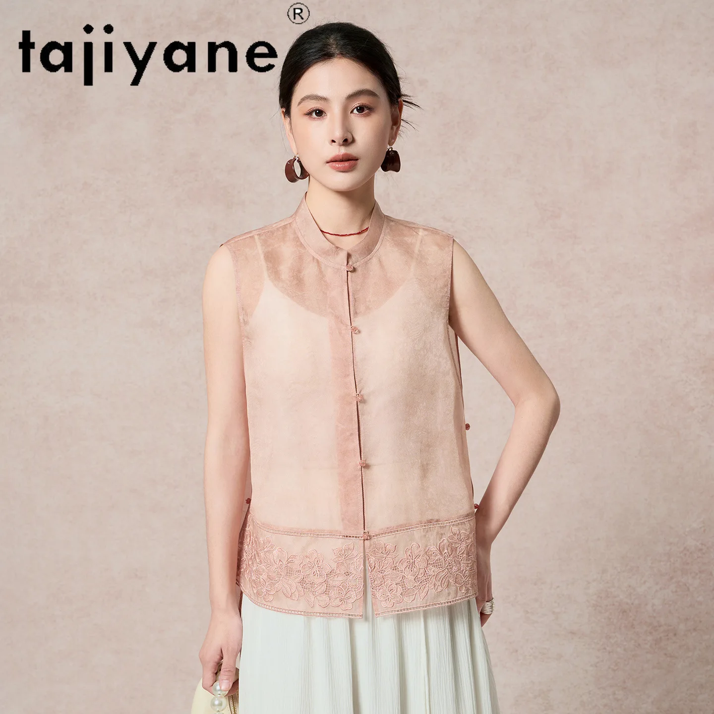 TAJIYANE 100% Mulberry Silk Tanks Top Women Pink Organza Vest Hollow Embroidery Sleeveless Summer Tops 2026 Woman Clothes корсет