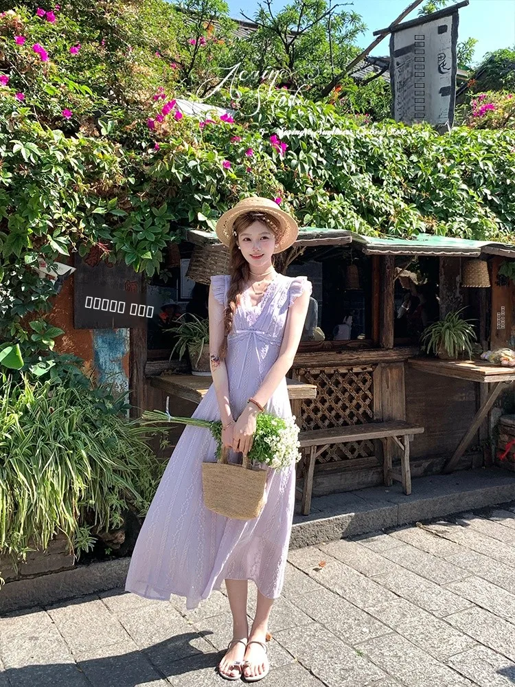 

Acaine Purple V-Ne Long Lace Dr Women's Summer Vintage Waist-Cinched Gown A-Line Skirt Cotton Soft Fabric Fly Sve