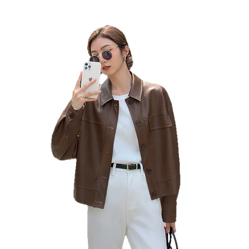Jaqueta de couro preta para mulheres 2025 nova primavera e outono estilo curto high end gola retro jaqueta de couro da motocicleta