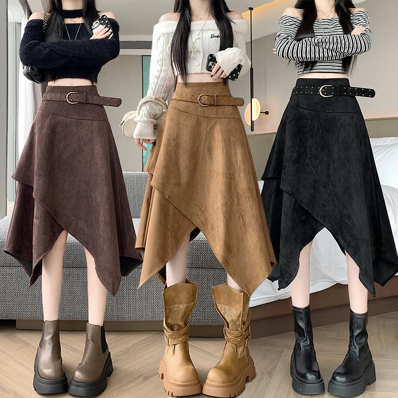 Retro Beauty Half-length Asymmetrical Suede Skirt High-waist A-line Short Skirt for Women Fall 2026 New Korean Style Polyeste...