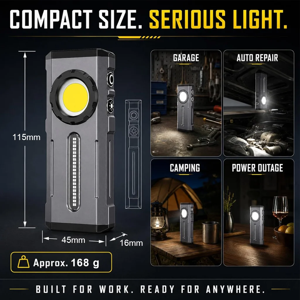 Rechargeable Edc Flashlight 2000 Lumens 9 Modes Dimmable Magnetic Base Portable Work Light Aluminum Camping Emergency Car Repair
