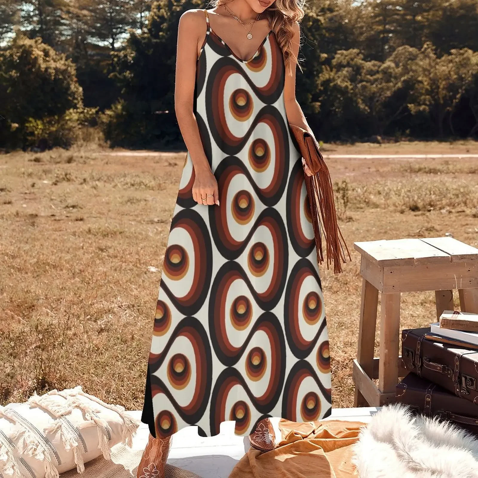 Orange, Brown, and Ivory Retro 1960s Circular Pattern Sleeveless Dress women dress dresses for women 2025 luxury designer party