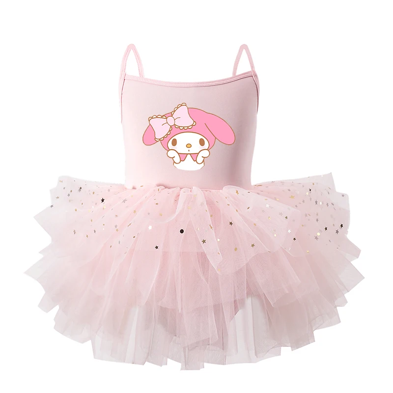 Anime Kawaii Hello Kitty Kuromi My Melody Girls Summer Sleeveless Dress Sanrios Children Princess Ballet Shiny Fluffy Mesh Skirt