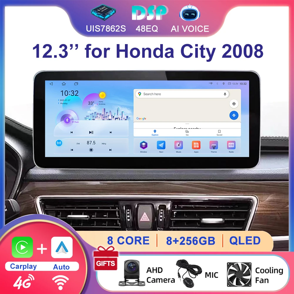 12.3'' 8 Core 4G Autoradio Stereo Player Android GPS Navigation Car Radio Multimedia for Honda City 2008 Wireless Carplay