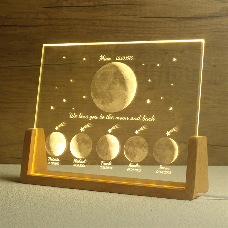 Personalized Moon Phase Crystal Lamp, Custom Moon Crystal Nightlight, The Night We Met, The Day You Were Born, Gift for Mom