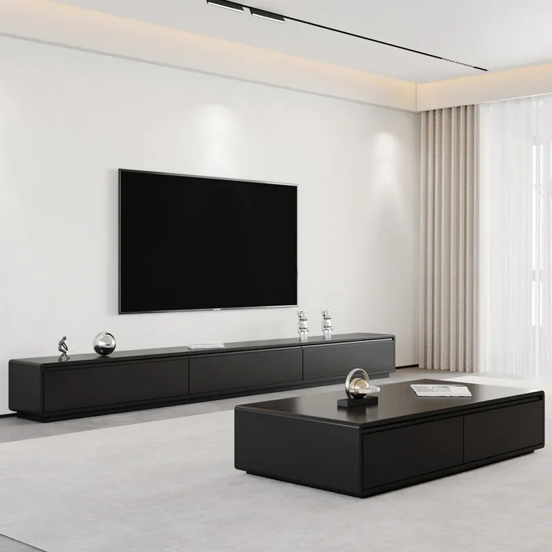 Combination Simple Light Luxury Sense Black TV Cabinet Side Table Living Room Furniture Solid Wood TV Cabinet Floor Coffee Table
