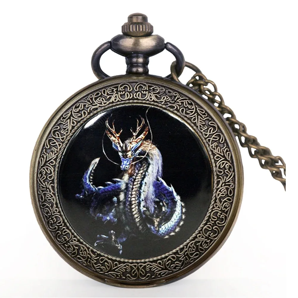 Steampunk Flying Dragon Pattern Fob Quartz Pocket Watch with Chain Necklace Peandant Pocket Watches Men Christmas Birthday Gifts