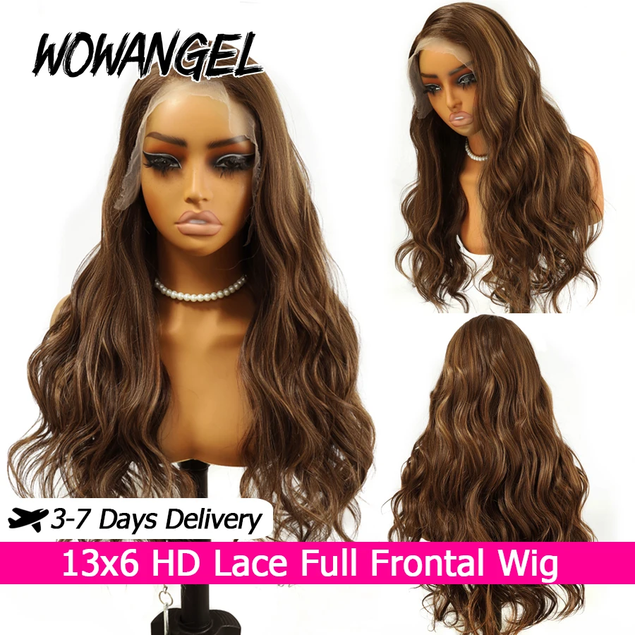 

WOWANGEL Парик с волнистыми прядями из натуральных волос, медово-русый, 13x6 HD Lace, полностью присборенный, с предварительно выщипанной линией роста волос, цвет 4/27, без клея