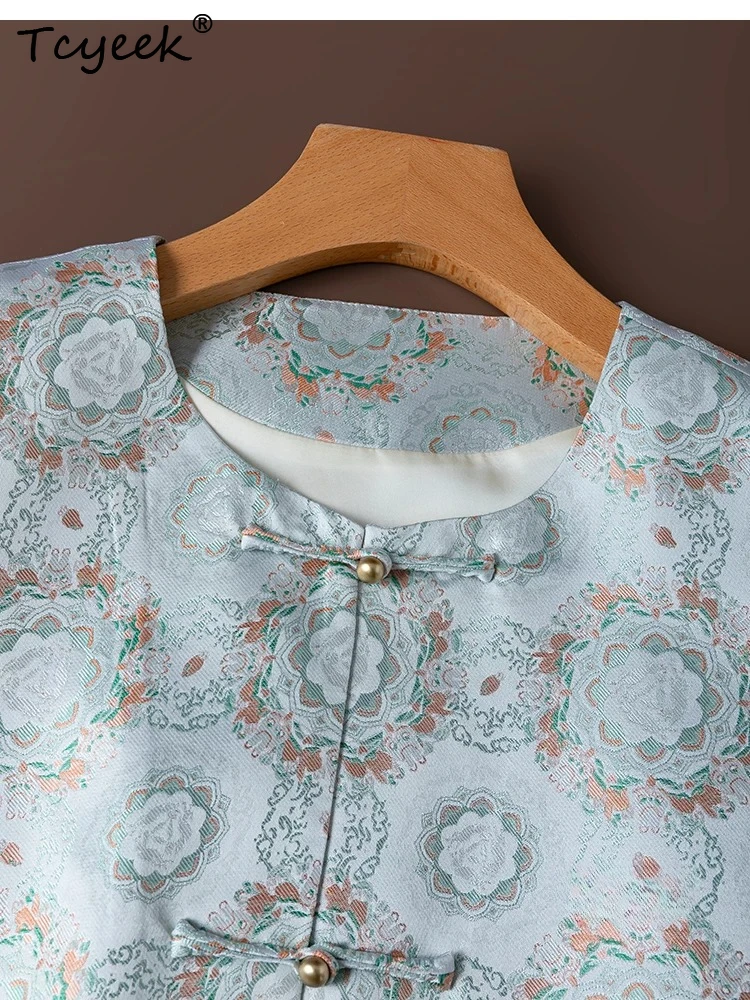 Tcyeek 100% Real Silk Tops for Women 2026 Spring Summer New Chinese-style Retro Baby Blue Vest Clothing for Ladies Ropa De Mujer