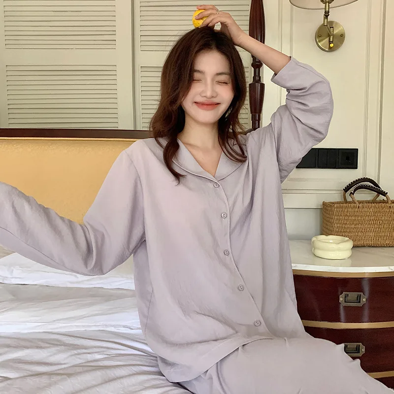 

Korean Fashion Women Pajamas Set Lapel Long Sleeve Shirt Pant Suit Spring Autumn Sleepwear Pyjamas Femme Homewear Pijama Sets