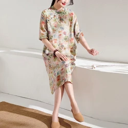 2026 retro temperament chinese style improved qipao dress graceful exquisite printing vestido diagonal buckle cotton linen dress