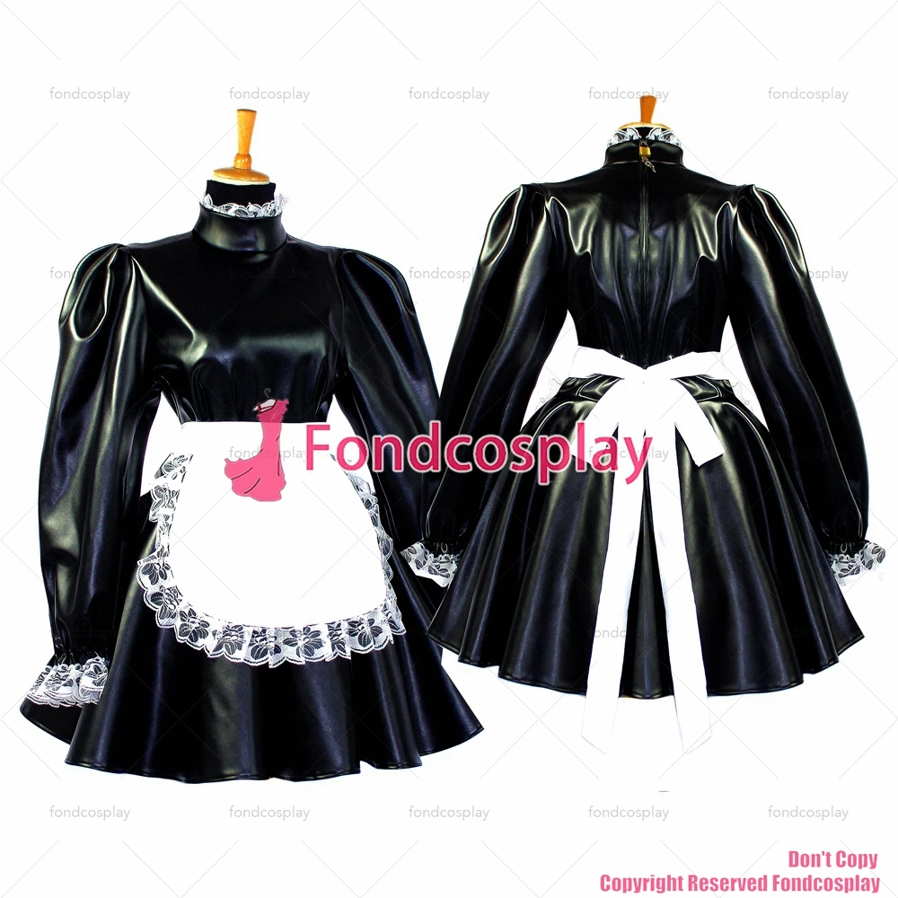 

fondcosplay adult sexy cross dressing sissy maid short Black Faux Leather Dress Lockable Uniform white apron Custom-made[G652]