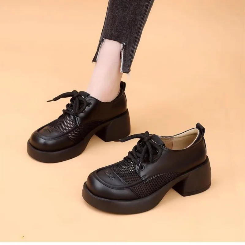 Women Chunky Platform Pumps Female Spring Pu Leather High Heels Loafers Woman Round Toe Lace Up Breathable Hollow Single Shoes