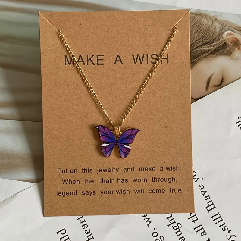 Cute Fashion Butterfly Necklace Earrings Set New Popular Blue Purple Orange Color Pendant Fashion Women Jewelry Wholesale