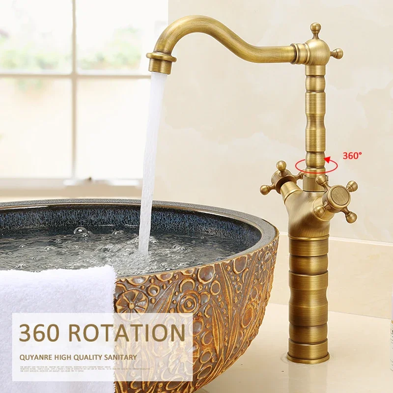 Vidric Antique Brass Basin Sink Faucet Dual Cross Handles Hot Cold Water Mixer Tap 360 Rotaiton Bathroom Shower Tap Water Tap