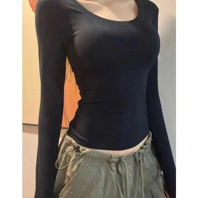 Women Square Neck Long Sleeve T Shirt Solid Slim Fit Basic Layering Top Chic Casual Undershirt For Winter