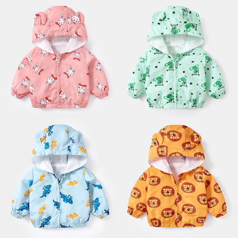 Baby Cartoon Print Jacket Spring Autumn Ear Hooded Children Outerwear Toddler Infant Boy Girl Casual Tops Fashion Kids Clothes