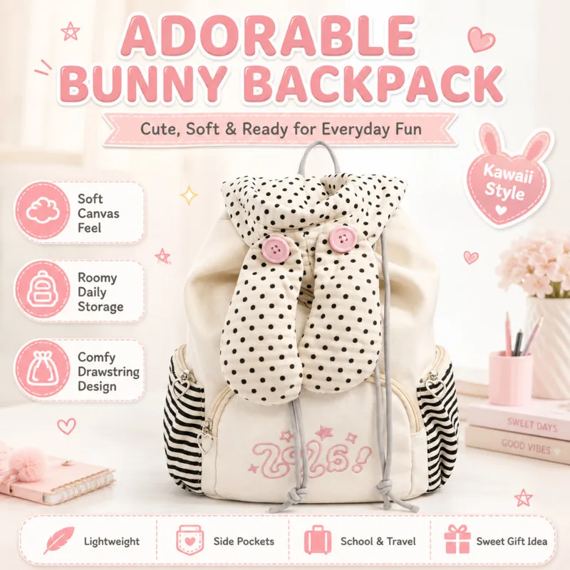 

Bunny Ear Canvas Backpacks Polka Dot Striped School Bag Large Capacity Korean Style Backpacks Teenage Girls Back To School Gift