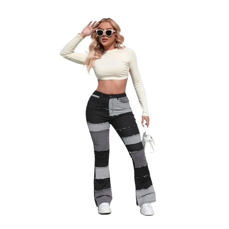 

Women Colorblock Patchwork Ripped Loose Flare Jeans Pants Denim Trousers High Waist Summer Full Length Jeans