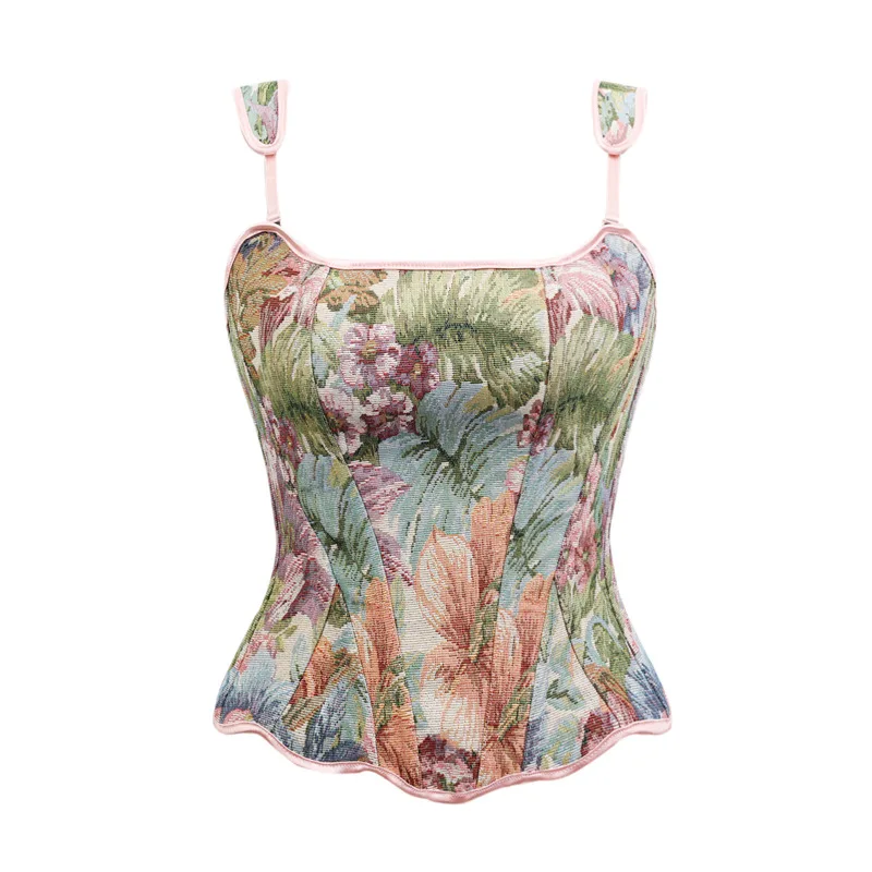 New Retro Oil Painting Style Suspender Tube Top Female Slim Slim Slim Fish Bone Women's Top Shapewear Cross-border Wholesale