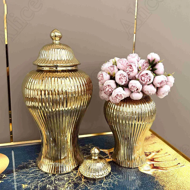 Electroplating Golden Ceramic Vase European Light Luxury Villa Iving Room Decoration Flower Arrangement Vases Home Decoration