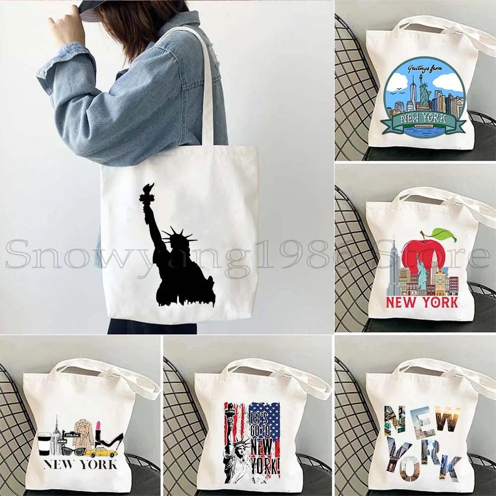 Vintage Statue Of Liberty New York City Skyline Apple Giants NYC Subway Diagram Women's Canvas Shoulder Tote Bag Cotton Handbag