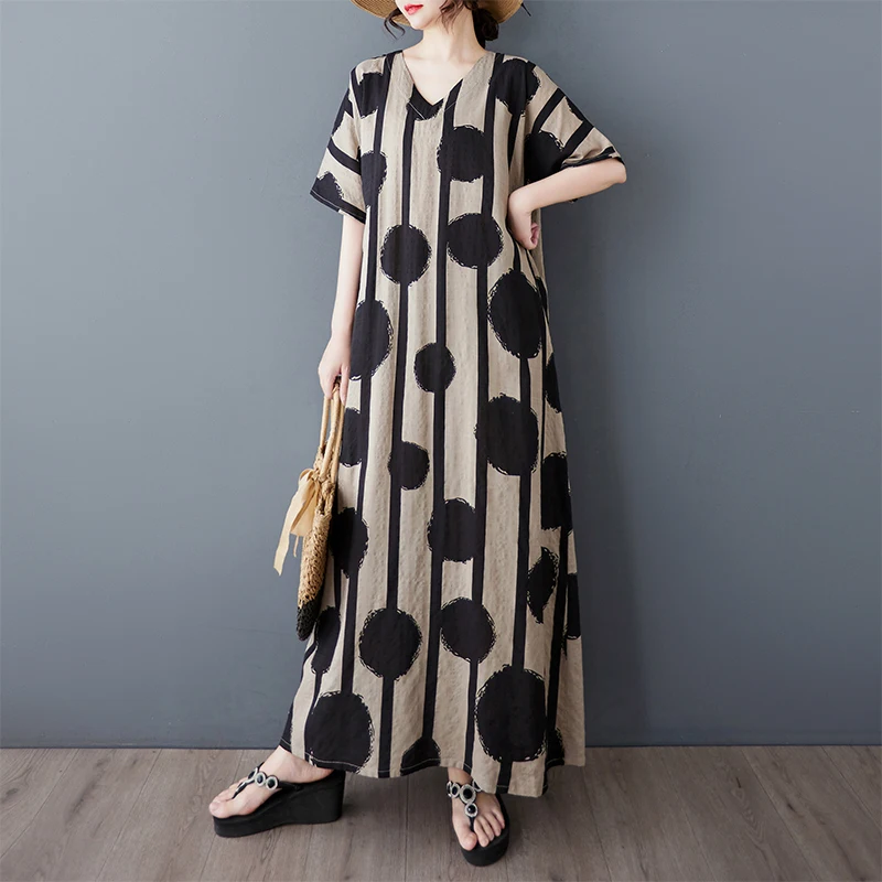 Retro Floral raya punto algodón Lin suelto largo Dr mujer verano fino v-ne ort Sve Casual Sle talla grande Dr