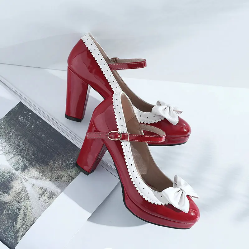 

Women Lolita Bride Wedding Mary Janes Shoes Patent Leather Bow High Heels Princess Dress Evening Party Pumps Red Pink Black