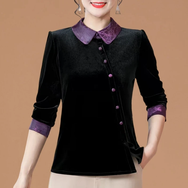 

6XL Large Size Women Fashion Gold Velvet Pullover Shirts 2026 Spring Autumn Long Sleeve Slim Velour Tshirts Mother Shirt Tops