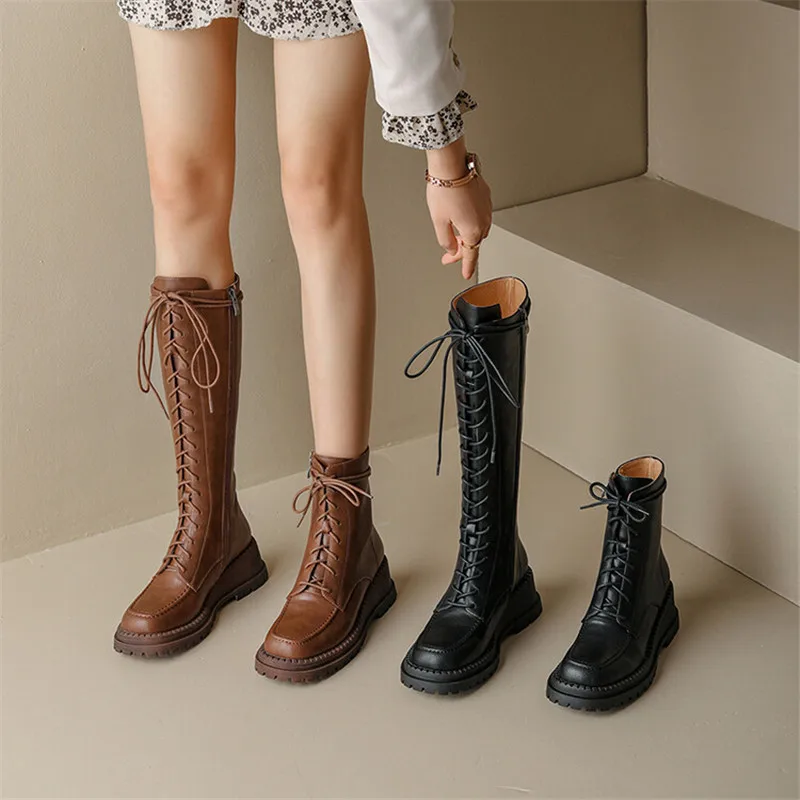 New Split Leather Platform Wedges Women Boots Round Toe Lamb Hair Short Boots for Women High Heels Winter Knee-high Boots Women