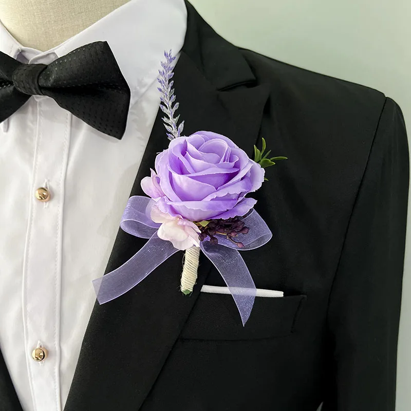 Fioletowe akcesoria ślubne butonierka kwiaty Girlfriend lawendowa sztuczne róże na bal Boutonniere