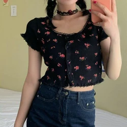 Ditsy Ribbed Short Sleeve Tee Y2K Floral Print Ruffled Lace Trim Button Front Crop Top for Women Teengirl 90s Fairycore Outfit