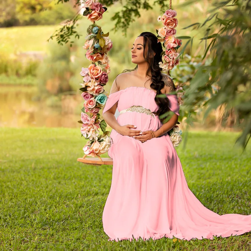 Chiffon Maternity Photography Props Dress With Sashes Maternity Gowns Maternity Photo Shoot Trailing Long Dress Flying Sleeves