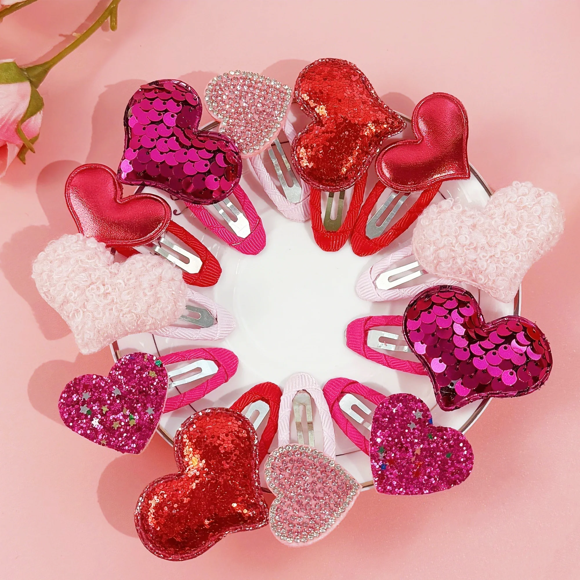 12pcs Valentine's Day Hair Clips Girls Bristal Heart Barrettes Clips Ribbon Snap Heart Hair Clip Kids Girls Hair Accessories