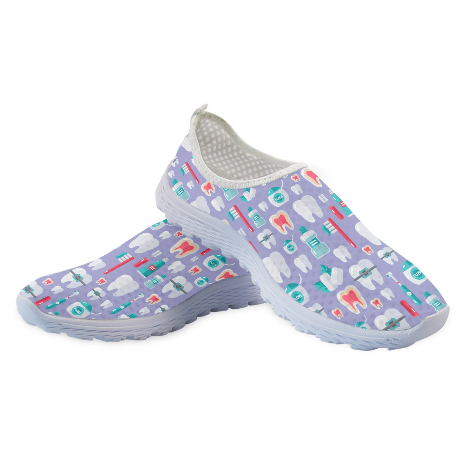 Trendy Medical Nurse Shoes Dental Flat Shoes Ladies Cartoon Teeth Print Lightweight Soft-soled Indoor Sneakers