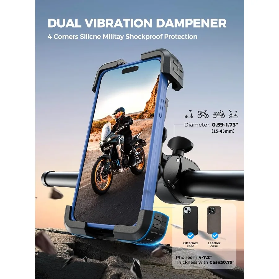 Support de téléphone pour moto pour résistance au vent de 150 mph et performances anti-secouement, convient aux grands téléphones de 7,2 pouces, Compatible avec iP