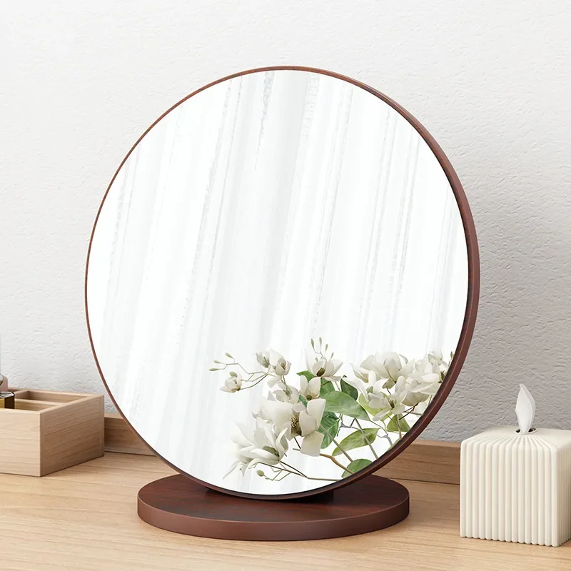High Definition Mirror Simple Desktop Round Mirror Portable Makeup Mirror for Dormitory Wooden Retro Decorative Accessory