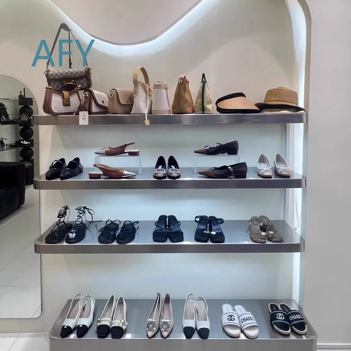 Stainless Steel Lighted Display Shelf for Clothing Stores Bags Jewelry Wall Mounted Straight Floating Shelf Rack