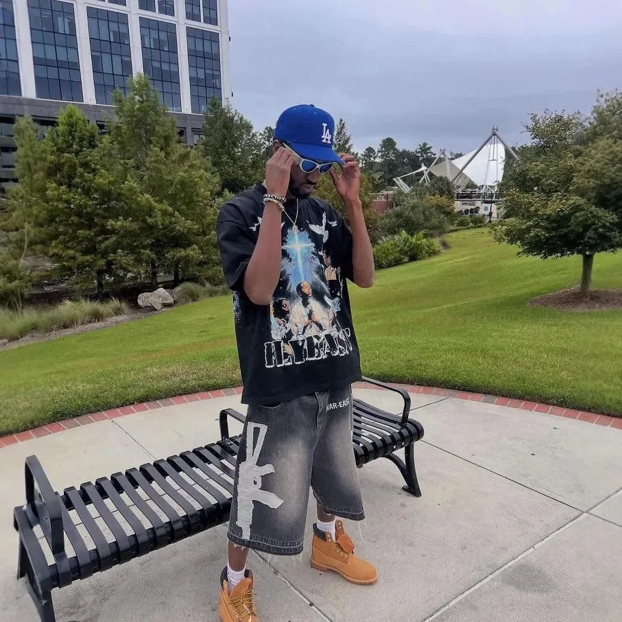 

Летние винтажные джинсовые шорты унисекс с эффектом потертости, с принтом в стиле хип-хоп, свободного кроя, молодежные, прямые, модные